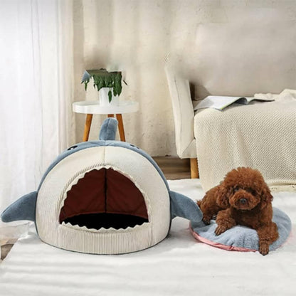 PetGains PGZ Soft Plush Cushion Shark Shape Cave Bed (Blue – Large) - HalfPe