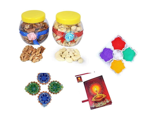 MANTOUSS Diwali Dry Fruit Decorated Jar-Cashew and Walnut(100gms Each),200 GMS + 2 earthern Diya, Diwali Greeting Card and Rangoli Colours - HalfPe