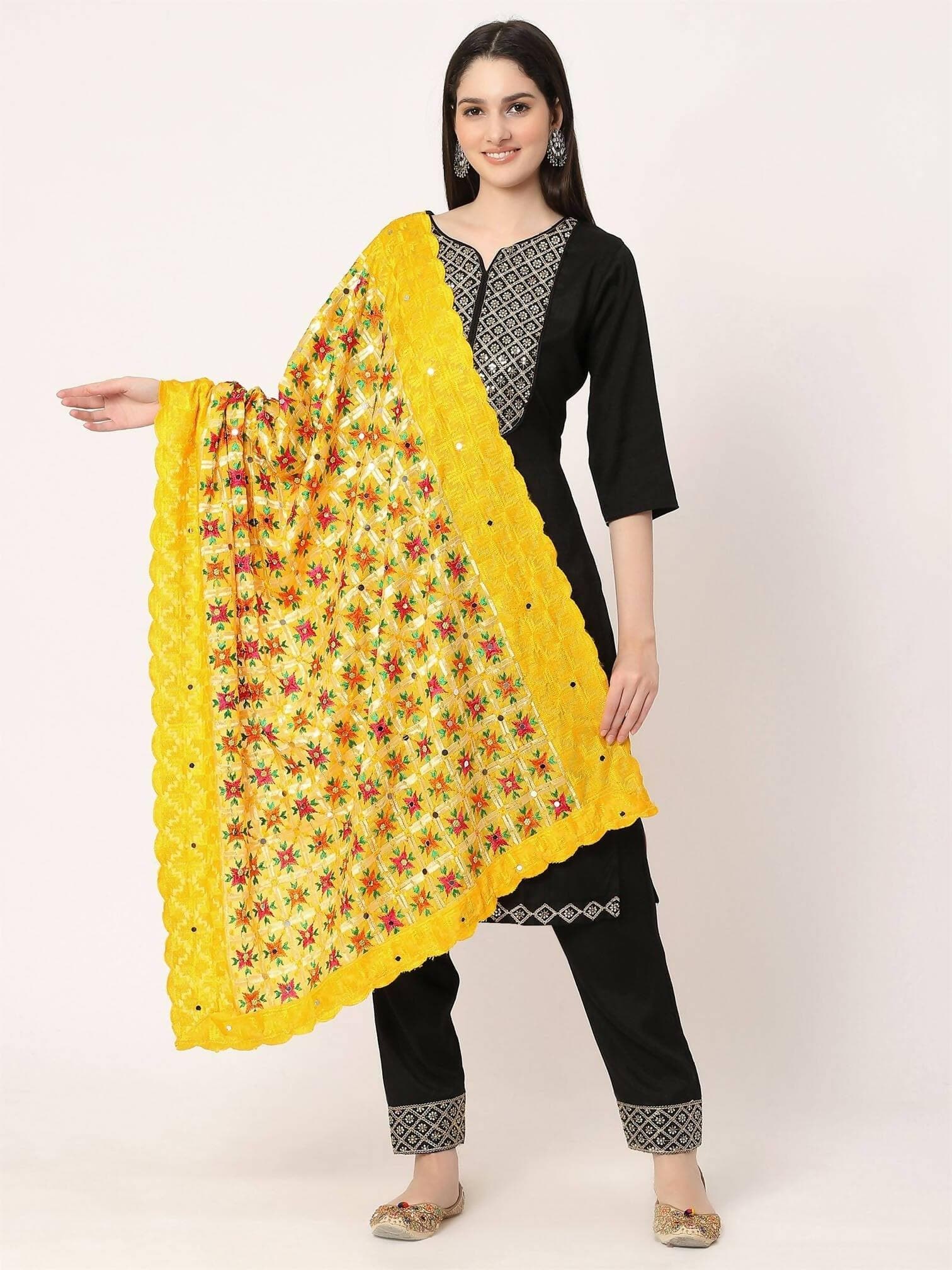 Yellow Multicolour Chiffon Phulkari Embroidery Dupatta - HalfPe