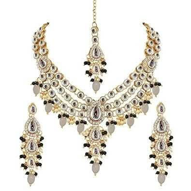 LUCKY JEWELLERY Gold Plated White Grey Color Tika Earring Necklace Combo Kundan Jewellery Set - HalfPe
