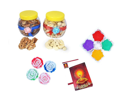 MANTOUSS Diwali Dry Fruit Decorated Jar-Cashew and Walnut(100gms Each),200 GMS + 2 Floating Diya, Diwali Greeting Card and Rangoli Colours - HalfPe