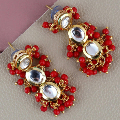 LUCKY JEWELLERY Back Meenakari 18k Gold Plated Red Color Tika Earring Combo Uncut Big Faux Kundan Choker Necklace set - HalfPe