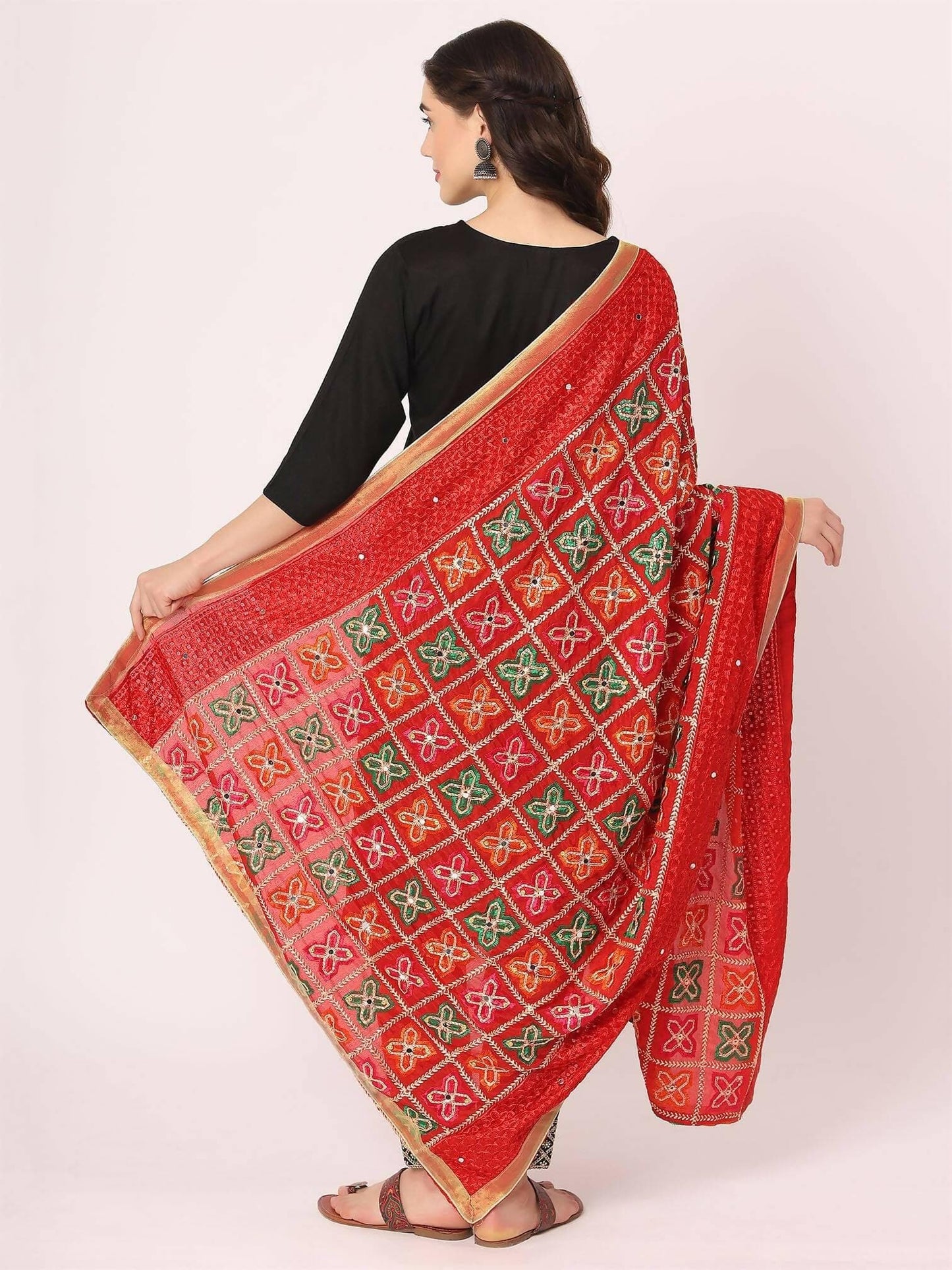 Red Embroidery Phulkari Dupatta With Mirror Work - HalfPe