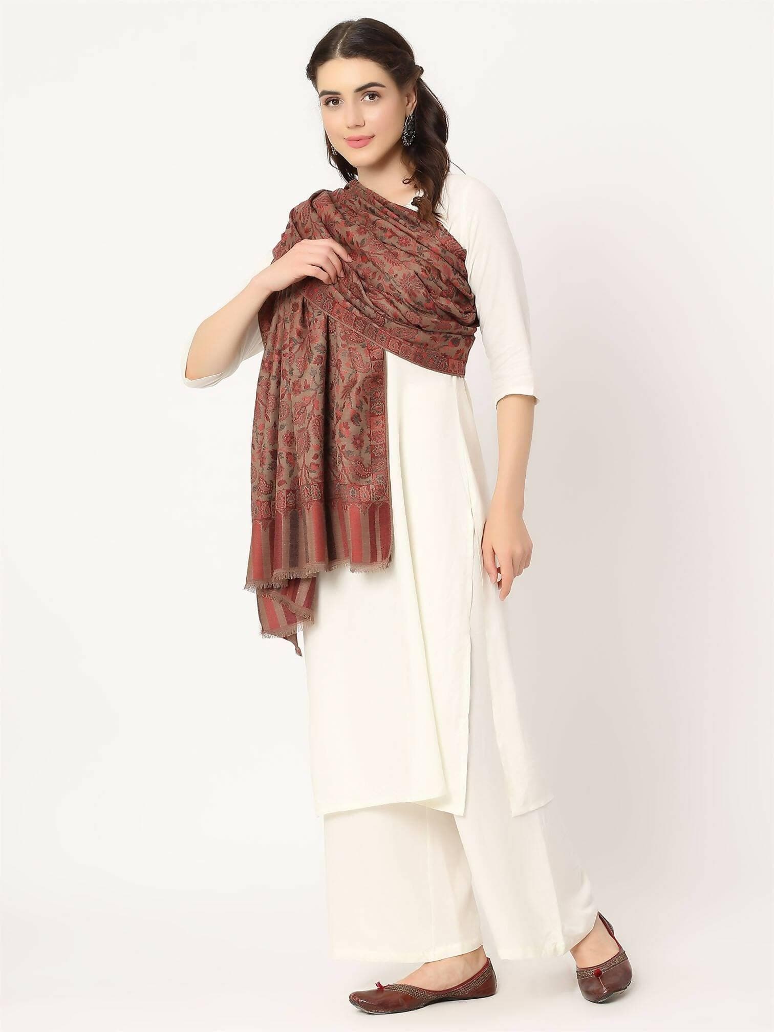 Light Brown Fine Wool Kani Shawl for women - HalfPe