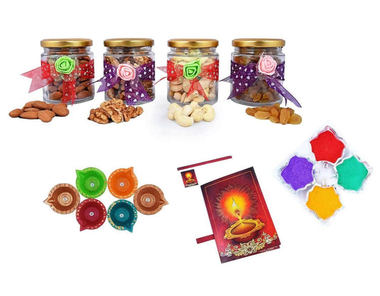 MANTOUSS Exclusive Diwali Dry Fruit Decorative Glass Jar-Cashew,Almond,Walnut and Raisin (100gms Each),400 GMS + 2 Cute diyas, Rangoli Colours and Diwali Greeting - HalfPe