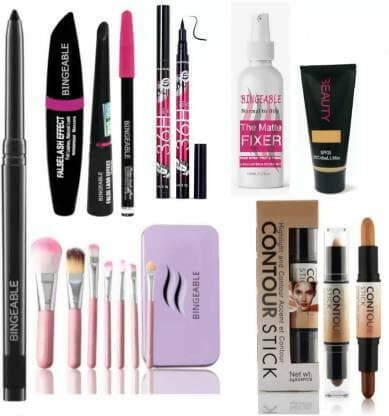 Bingeable Kajal& 3 In1 Waterproof Eyeliner, mascara, Kajal& 36H Eyeliner& 7 Pcs Brush(HK)& 2in1 Contour Stick& Foundation& Fixer (7 Items in the set) - HalfPe