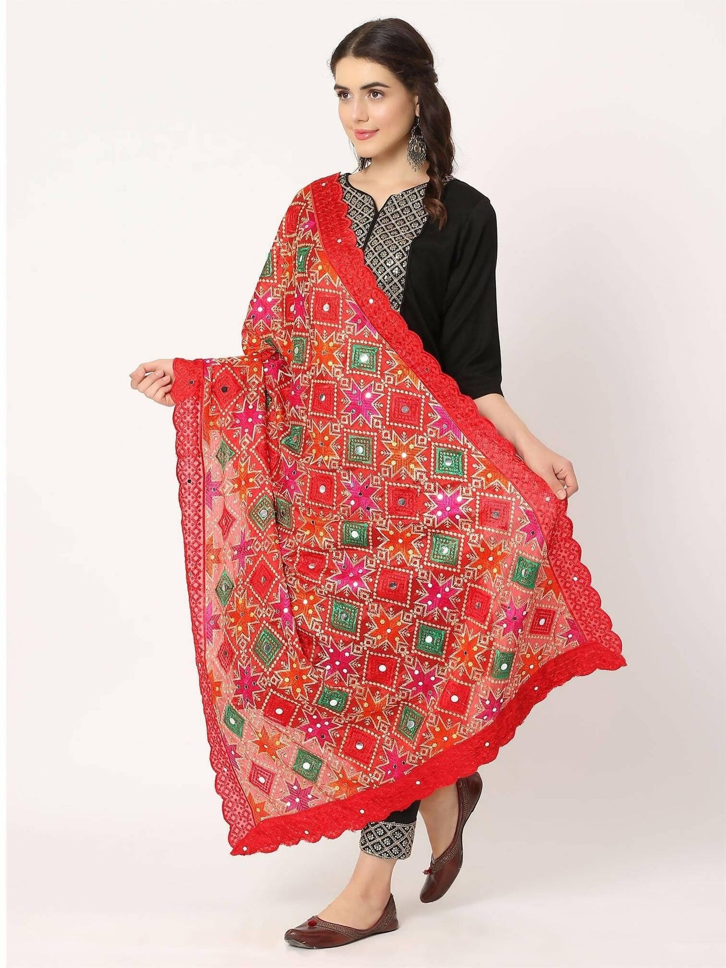 Red Multicolour Embroidery Phulkari Dupatta with Mirror Work - HalfPe