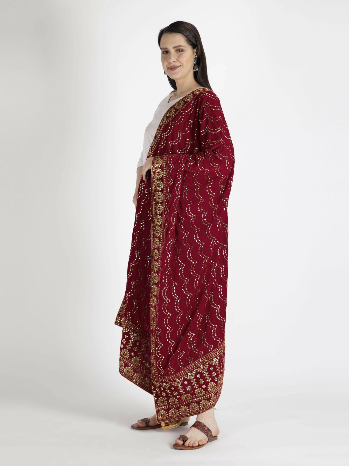 Red Embroidered Dupatta For Women - HalfPe