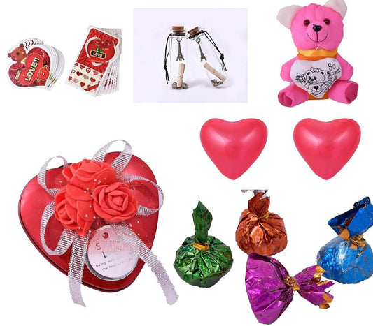 MANTOUSS Valentine Day Chocolate Gift for Girl Friend/boy Friend/Husband/Wife-Heart Shaped tin Box with Chocolate+Valentines Day Greeting Card+Heart Shaped Love Ballons+Love Message Bottle+Teddy Bear - HalfPe