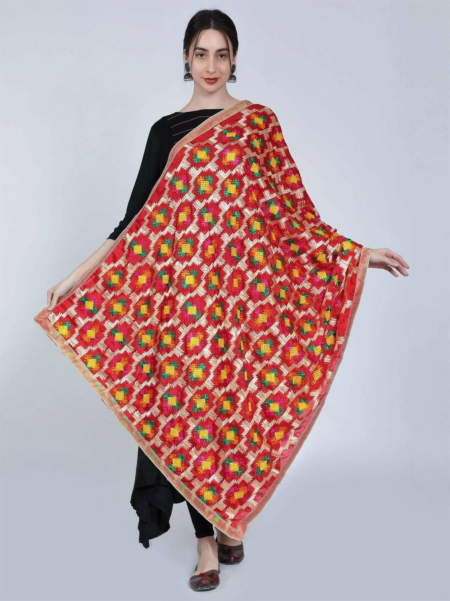 Phulkari dupatta with designs (red) - HalfPe