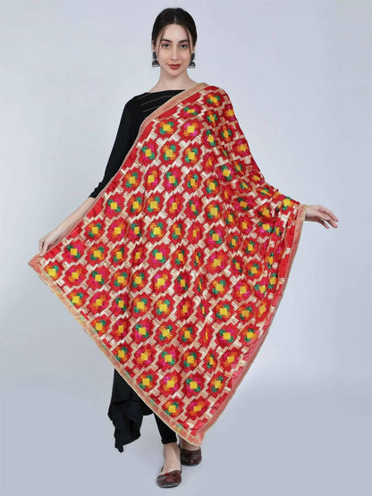 Phulkari dupatta with designs (red) - HalfPe