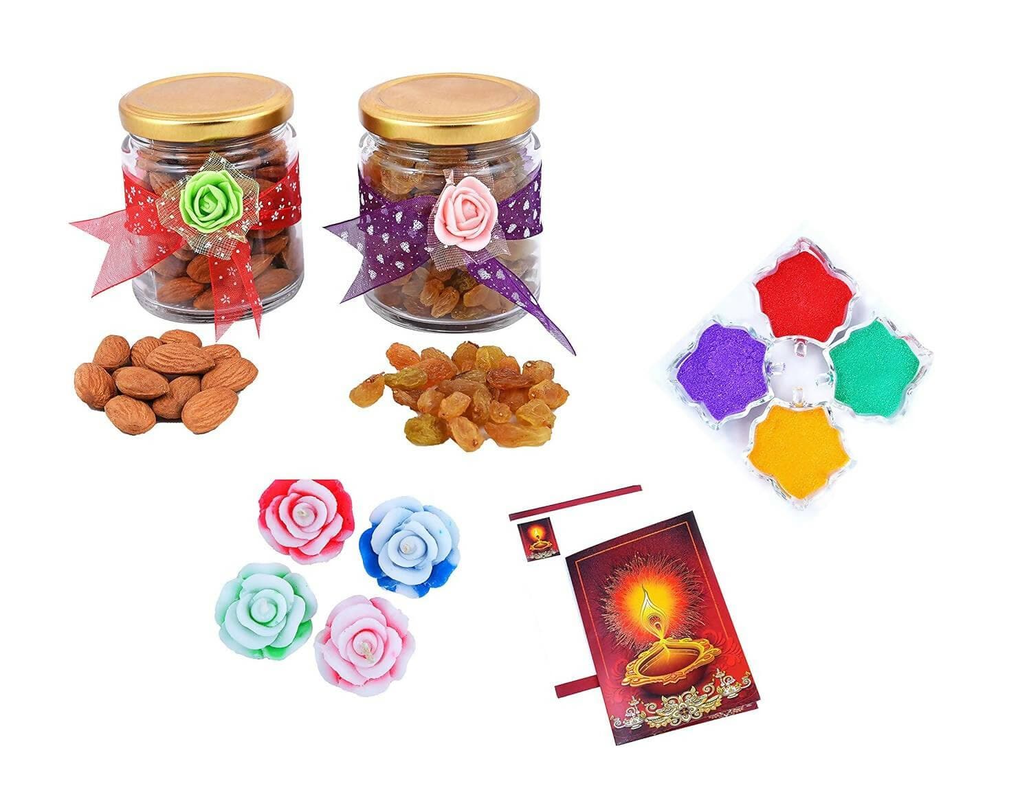 MANTOUSS Diwali Dry Fruit Decorative Glass Jar-Almond and Raisin(100gms Each),200 GMS + 2 Floating Diya, Diwali Greeting Card and Rangoli Colours - HalfPe