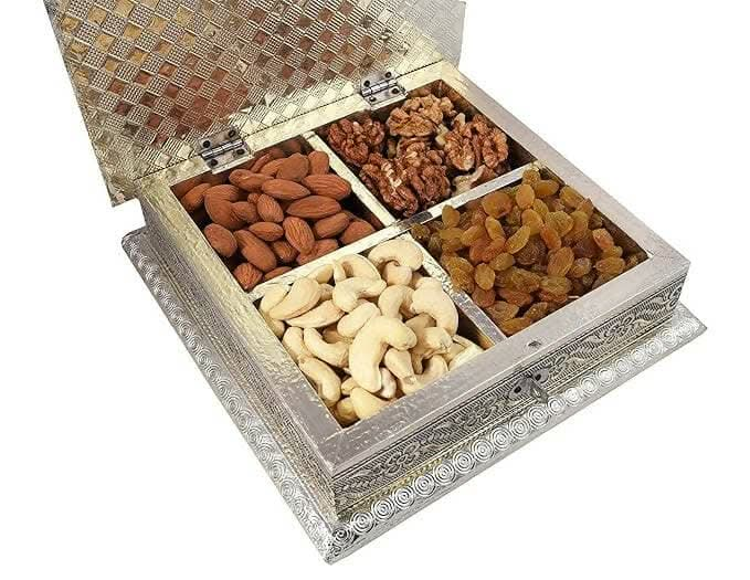 MANTOUSS Diwali Oxidised Dry Fruit Hamper/Pack/Combo-Cashew,Almond,Walnut and Raisin (100gms Each) 400gms + 2 Matki Wax Filled Diya, Diwali Greeting Card and Rangoli Colours - HalfPe