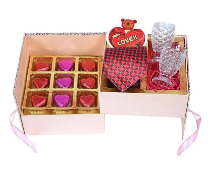 MANTOUSS Valentines Day Gift for Girlfriend/Boyfriend/Husband/Wife/Fiance Men's tie Double Decker Box with Chocolate+2 Shot Glasses+Valentines Day Card+Heart Shaped Candle - HalfPe