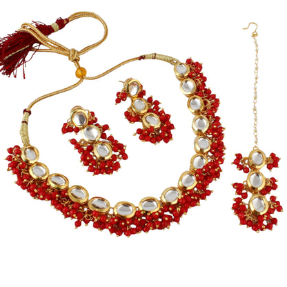 LUCKY JEWELLERY Back Meenakari 18k Gold Plated Red Color Tika Earring Combo Uncut Big Faux Kundan Choker Necklace set - HalfPe