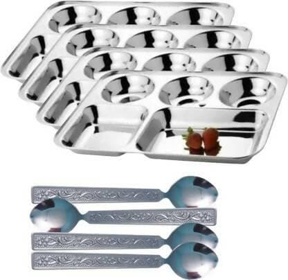 SHINI LIFESTYLE Steel Bhojan Thal 5 column,Super Premium Quality Dinner Plate 4pc with SpoonSet Dinner Plate (Pack of 8) - HalfPe