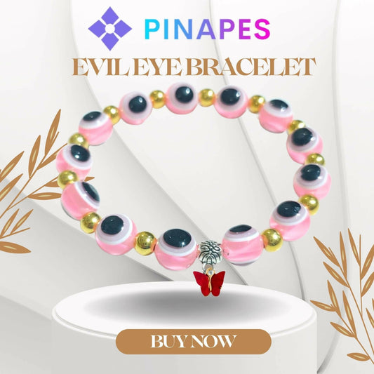 Pinapes Butterfly Beads and Evil Eye Charm Bracelet A Must-Have for Fashionable and Superstitious Women with red butterfly (light pink) - HalfPe