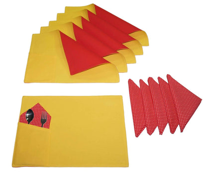 Lushomes table mat and napkins for dining table Set of 12, Fancy Table Mats Online with Pocket and Printed Cloth Napkins, Yellow and Red (6 Pc Placemats,13x19 Inces + 6 Pcs of Napkins, 16x16 Inches) - HalfPe