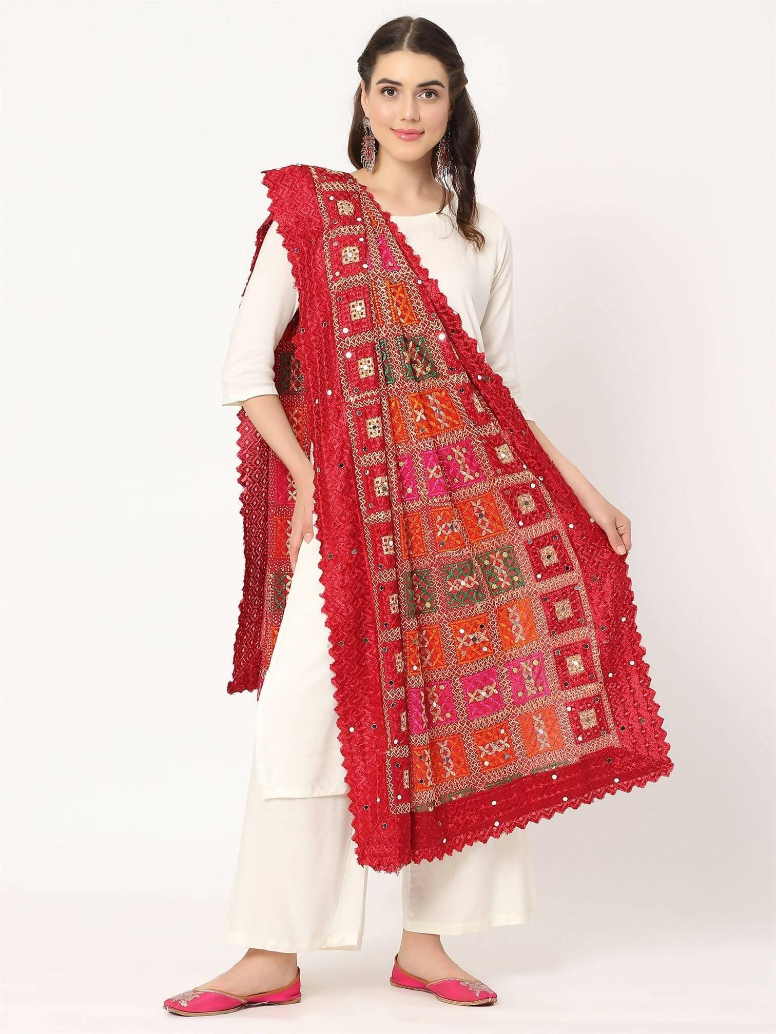 Maroon Multicolour Embroidery Phulkari Dupatta with Mirror Work - HalfPe