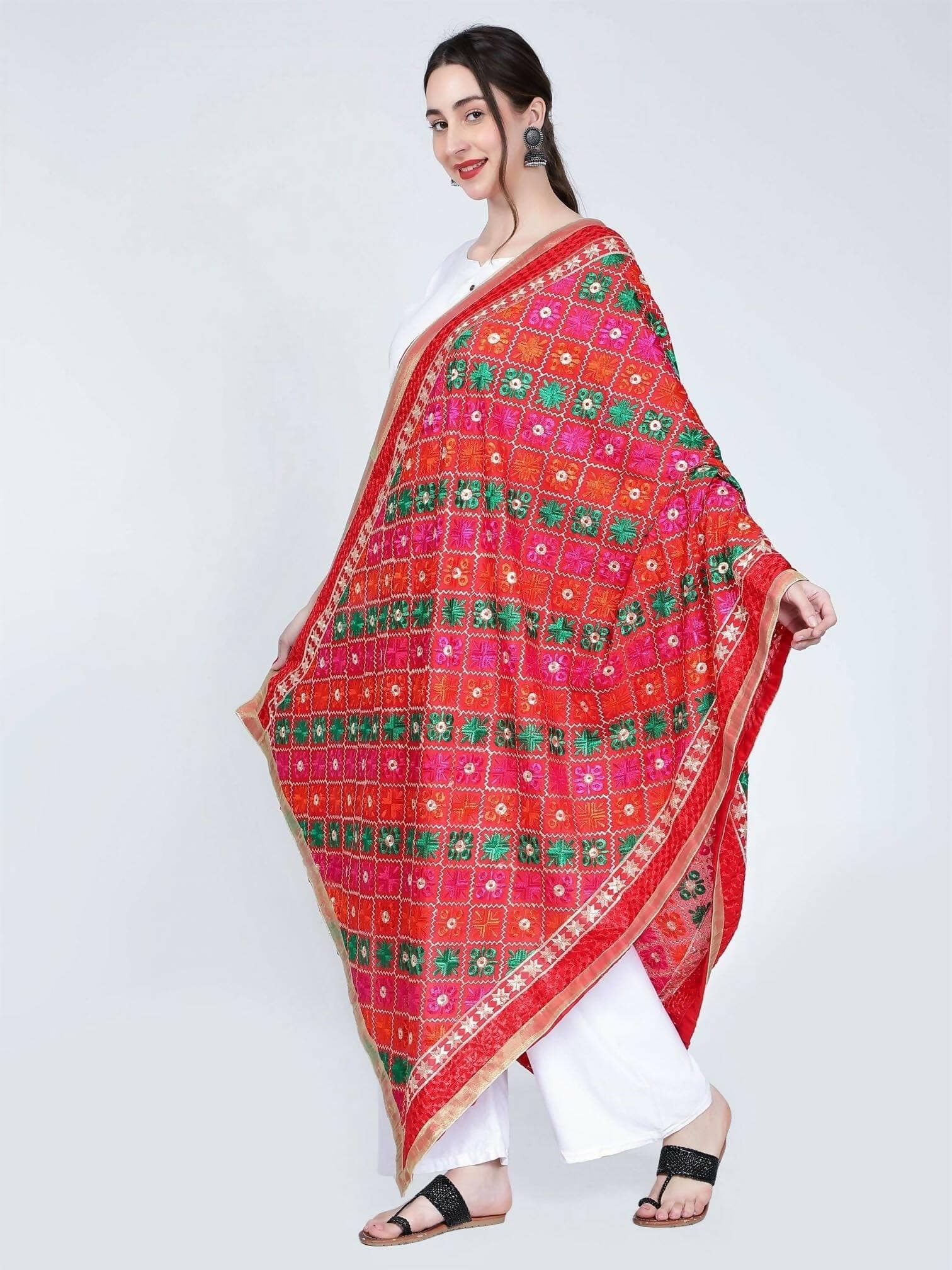 Multicolour Phulkari dupatta (red) - HalfPe