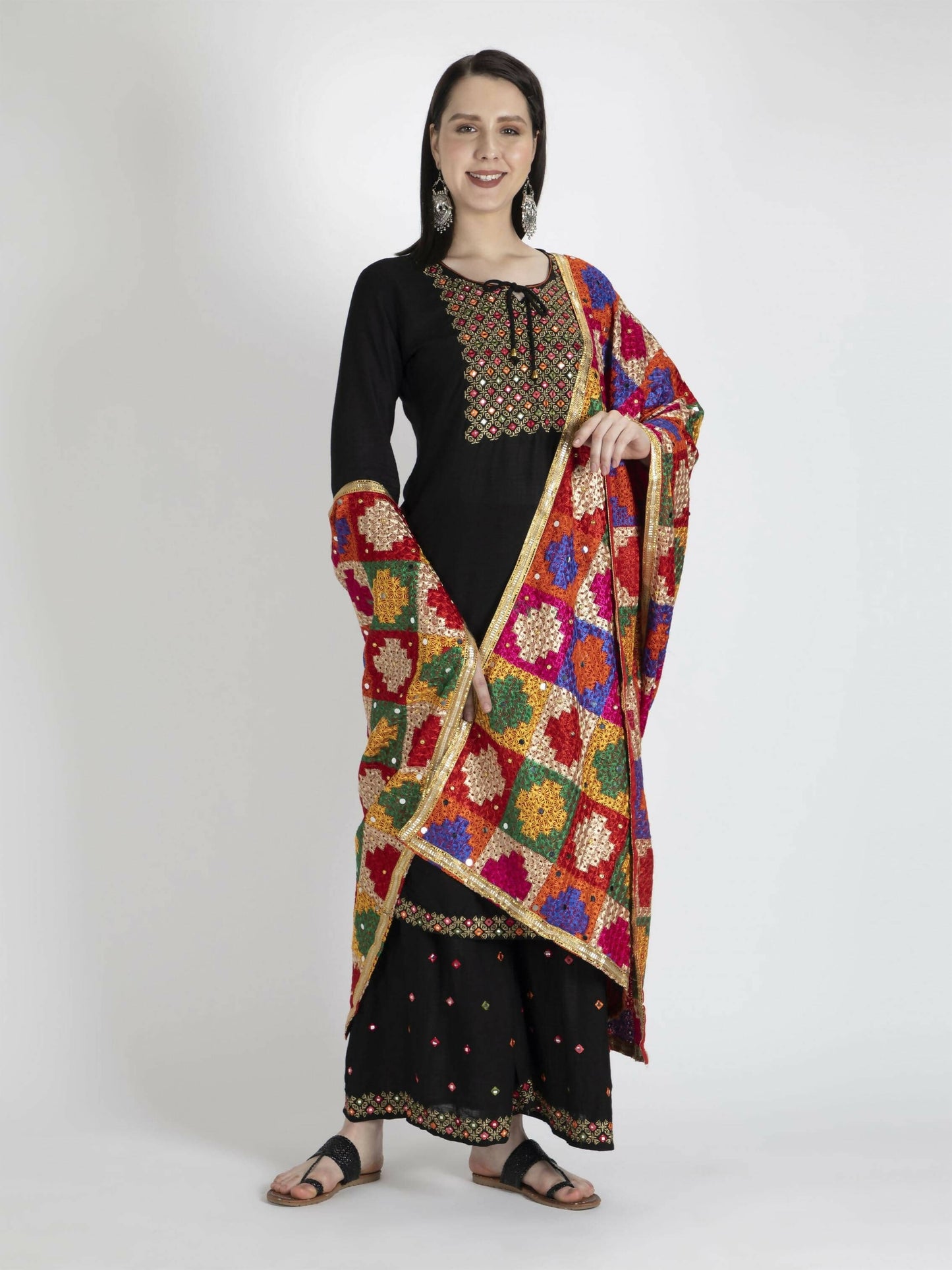 Phulkari Dupatta with Mirror Work(Multicolour square designs) - HalfPe