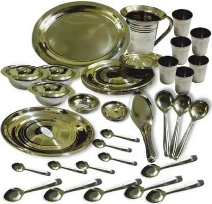 SHINI LIFESTYLE Pack of 51 Stainless Steel Laser Printed, Mirror finish Essential Dinner Set (Silver) - HalfPe