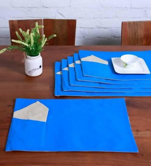 Lushomes table mat and napkins for dining table Set of 12, Fancy Table Mats Online with Pocket and Printed Cloth Napkins, Blue and Beige (6 Pc Placemats,13x19 Inces + 6 Pcs of Napkins, 16x16 Inches) - HalfPe