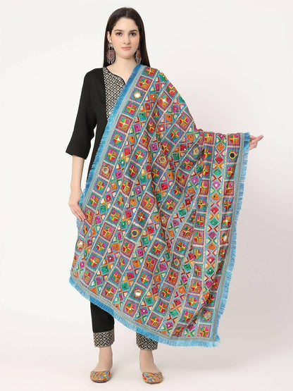 Ferozi Mullticolour Embroidery Phulkari Dupatta with Mirror Work - HalfPe