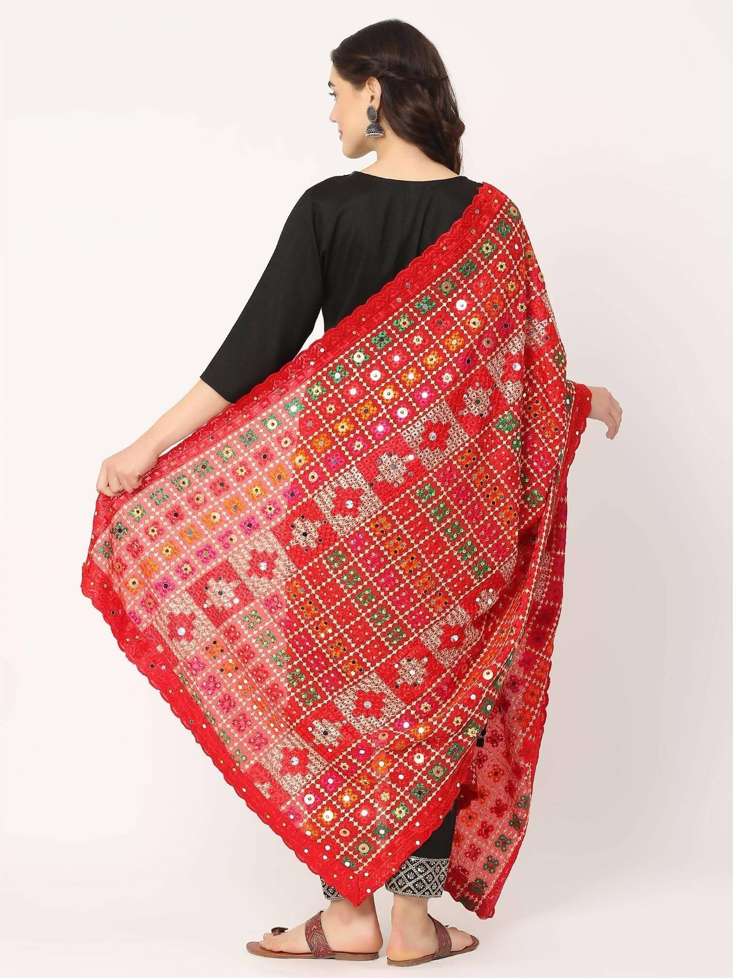 Red Multicolour Check Design Embroidery Phulkari Dupatta with Mirror - HalfPe