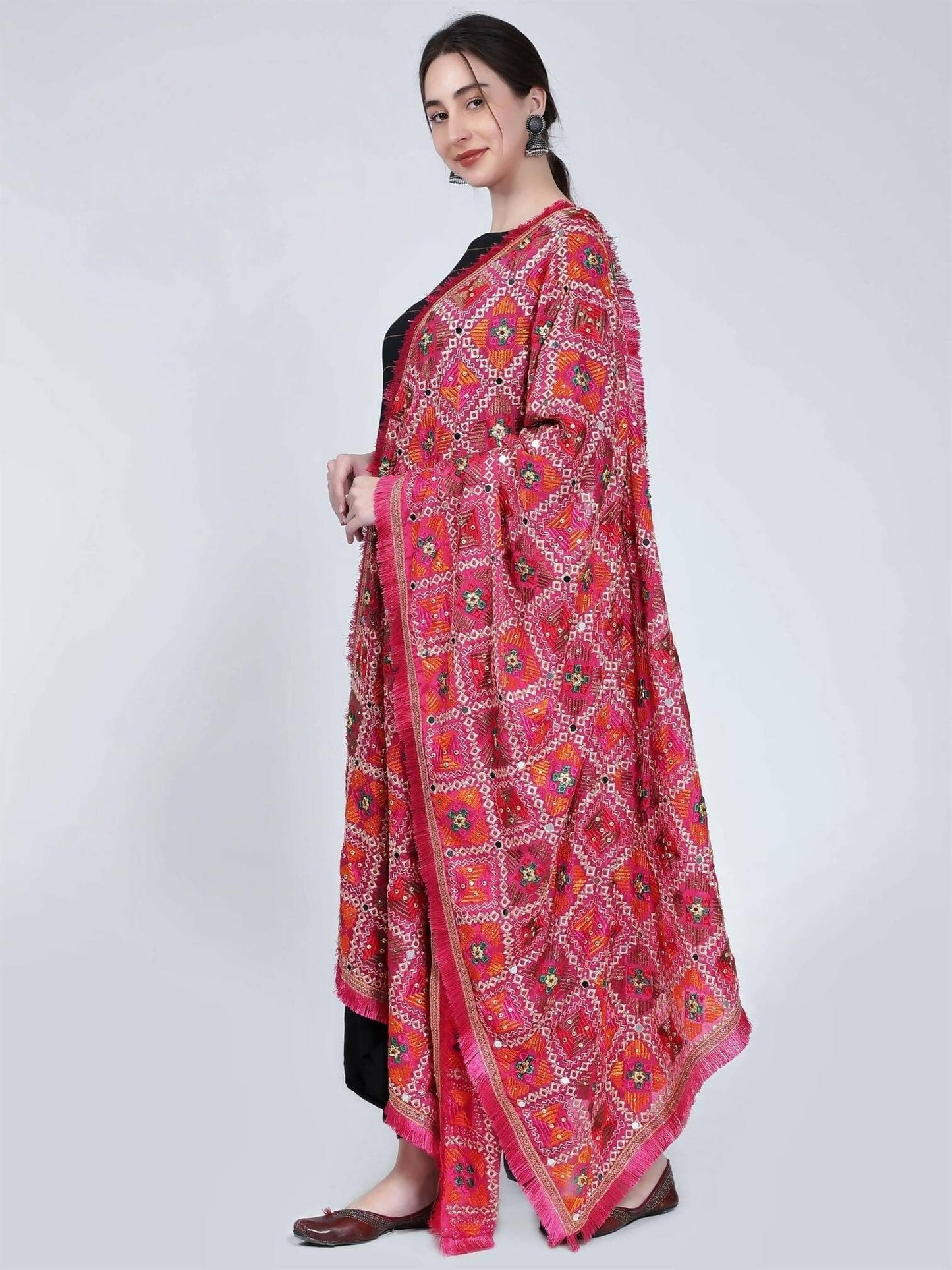 Phulkari Dupatta - Magenta Green Orange with mirror work (multi-color design) - HalfPe