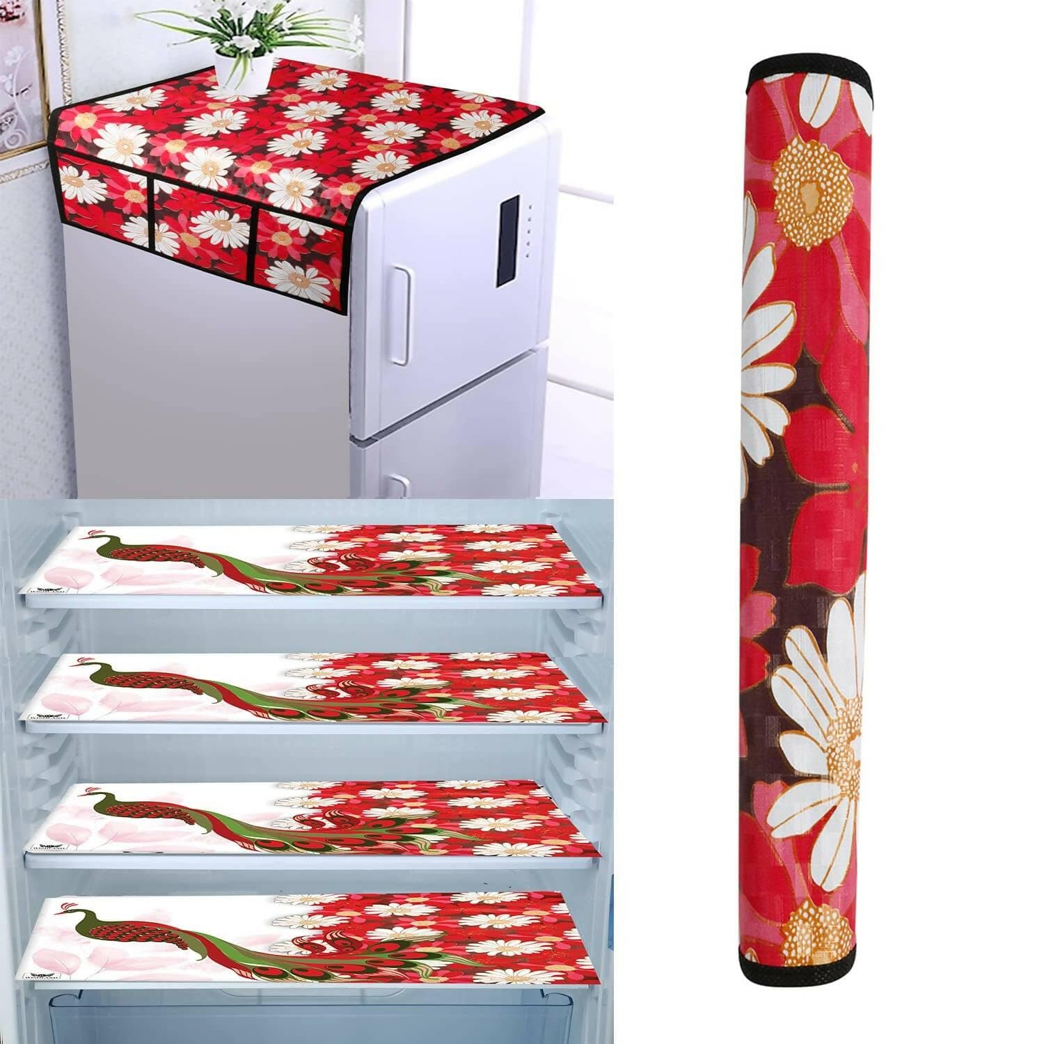 WISHLAND Single Door Fridge Cover Combo Set pf 1 Fridge Top Cover + 1 Fridge Handle Cover + 4 Multipurpose Fridge Mats (Red) - HalfPe