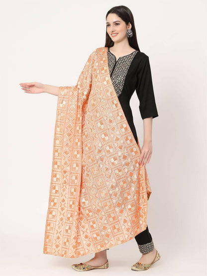 Peach and off white Embroidery Phulkari Dupatta - HalfPe