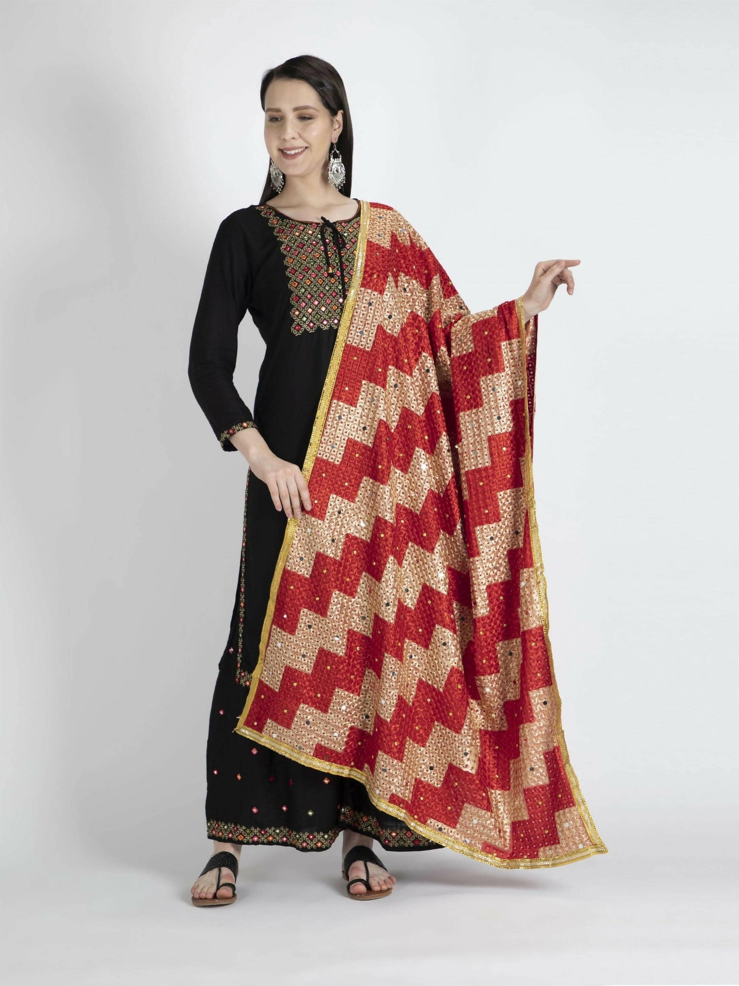 Phulkari Dupatta with Mirror Work (Multicolour) - HalfPe