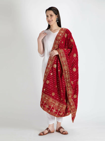 Embroidered Velvet Shawl Dupatta (Red) - HalfPe