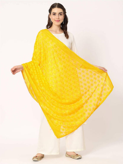 Yellow Sequined Phulkari Embroidery Dupatta - HalfPe