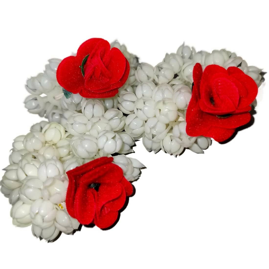 SENECIO 3Pc Velvet Red Rose Fully Bloomed White Jasmine Mogra Flower Hair Band Ponytail Holder - HalfPe