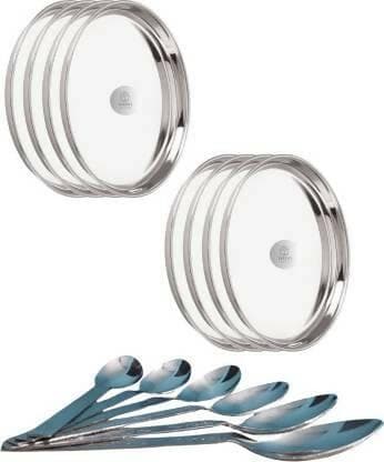 SHINI LIFESTYLE Steel Dinner Plates Thali Set with Round Extra Deep 8pc with Table Spoon Set Dinner Plate (Pack of 16) - HalfPe