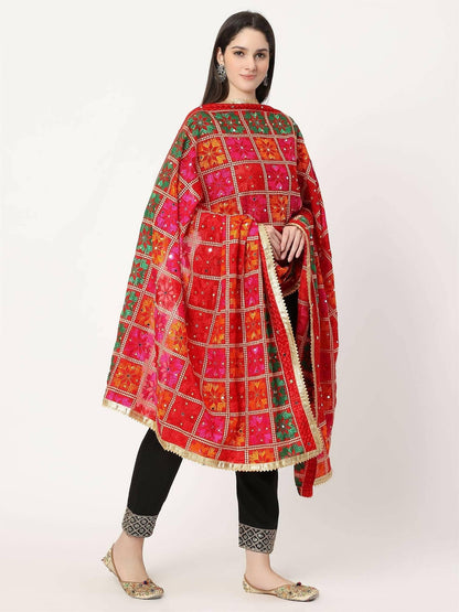 Red Multicolour Embroidery Phulkari Dupatta with Mirror Work - HalfPe