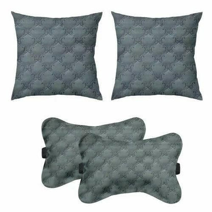 Lushomes Car Cushion Pillows for Neck, Back and Seat Rest, Pack of 4, Embossed Leatherlike Fabric 100% Polyester Material, 2 PCs Bone Neck Rest: 6x10 Inches, 2 Pcs of Car Cushion: 12x12 Inches, Grey - HalfPe