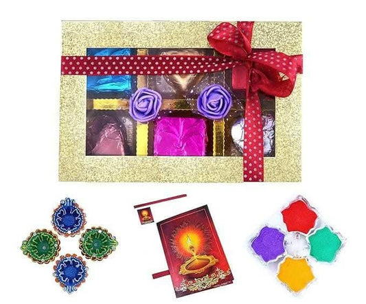 Mantouss Return Gift Diwali Chocolate Box + 2 earthern Decorated Diya, Diwali Greeting Card and Rangoli Colours - HalfPe