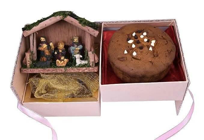 MANTOUSS Christmas Double Decker Plum Cake(300gms) Gift Box/ Christmas Cake Gift Hamper+ Christmas Nativity Jesus Family Statue + Christmas Card + Santa Cap - HalfPe