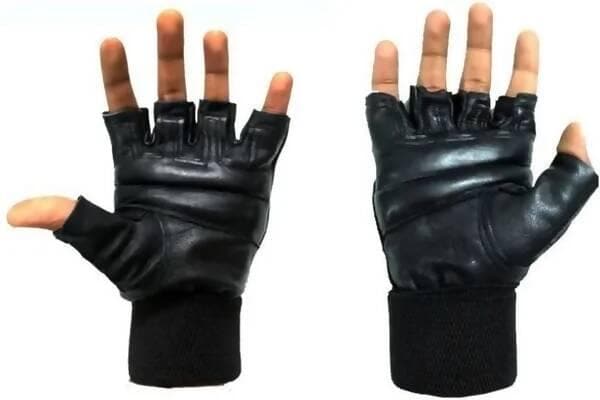 Gloves With Wrist Support For Gym & Fitness Exercise Gym & Fitness Gloves (Black Leather)  - HalfPe