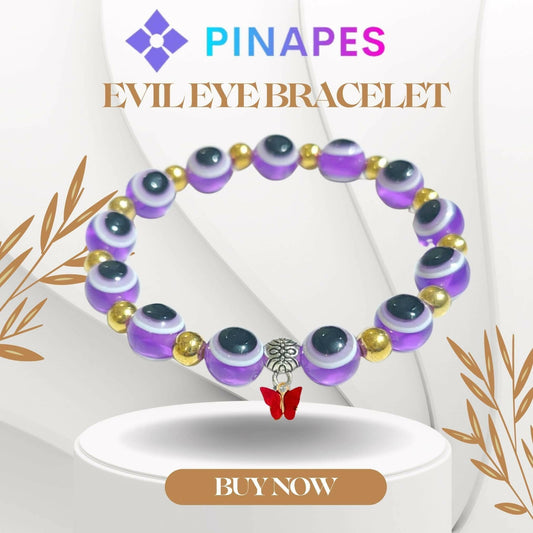 Pinapes Butterfly Beads and Evil Eye Charm Bracelet A Must-Have for Fashionable and Superstitious Women with red butterfly (violet) - HalfPe