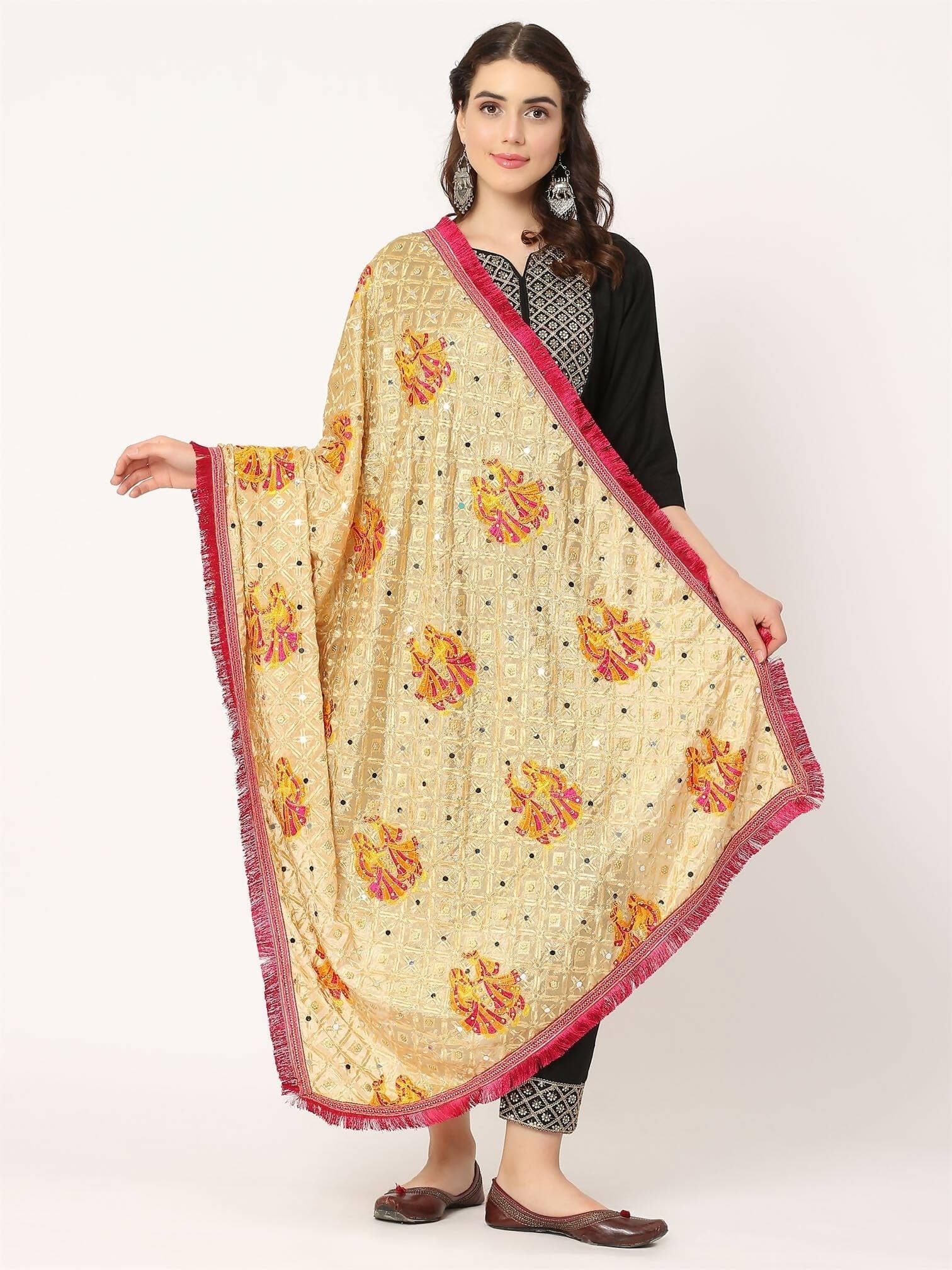 Doli Design Beige Colour Embroidery Phulkari With Mirror - HalfPe