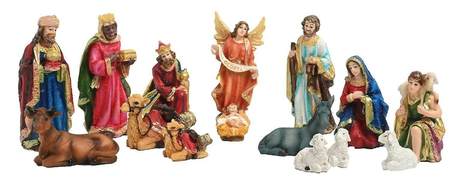 KariGhar Resin Nativity Set, Crib Set Perfect for Christmas Pack of Mary,Joseph,Baby Jesus, Angel, 3 Wise Men, The Shepherd and The Animals Multi Color Set of 15 (5 Inch) - HalfPe