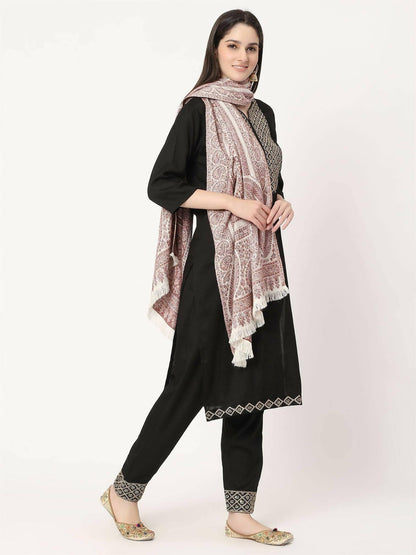 White and Brown Paisley Wool Stole for women - HalfPe