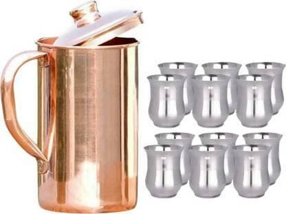 SHINI LIFESTYLE Pure Copper Jug Set 13PC Jug Glass Set (STAINLESS STEEL) - HalfPe