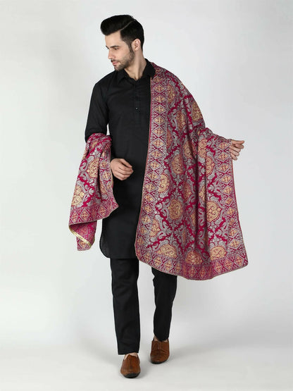 Moda Chales Velvet Dupatta Shawl (Magenta Silver Gold) - HalfPe