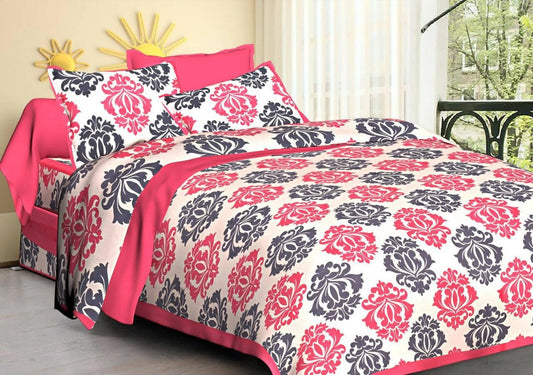 Jaipuri traditional Printed Design queen size cotton bedsheet with two pillow cover (Pink & Grey) - HalfPe