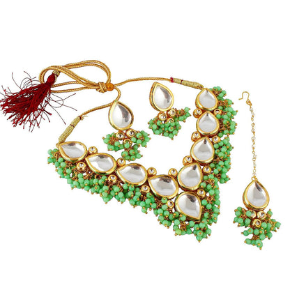 LUCKY JEWELLERY Back Meenakari 18k Gold Plated Mint Color Tika Earring Combo Uncut Big Faux Kundan Choker Necklace set - HalfPe